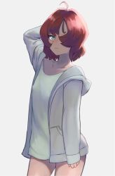 Rule 34 | 1girl, ami enan, arm behind head, arm up, blue eyes, blush, bottomless, casual, closed mouth, gomashiwo o, hair over one eye, hood, hoodie, looking at viewer, lupin iii, lupin iii part 5, red hair, shirt, short hair, solo, thighs, white hoodie, white shirt