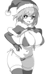 Rule 34 | 1girl, breasts, capelet, cleavage, cowboy shot, elbow gloves, fur-trimmed capelet, fur-trimmed thighhighs, fur trim, gloves, greyscale, groin, hat, large breasts, looking at viewer, monochrome, navel, onkn sxkn, open mouth, santa hat, short hair, simple background, smile, solo, tatara kogasa, thighhighs, touhou, white background
