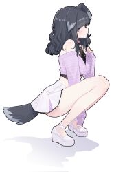 Rule 34 | 1girl, alternate costume, animal ears, bare shoulders, black hair, blue archive, blush, casual, closed mouth, collar, crop top, dog ears, dog girl, dog tail, from side, full body, hibiki (blue archive), highres, long hair, long sleeves, looking at viewer, nujig, off shoulder, platform footwear, purple eyes, shoes, simple background, skirt, sleeves past wrists, solo, squatting, tail, white background, white footwear, white skirt