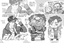 Rule 34 | 1girl, 3boys, :3, ^ ^, animification, apex legends, caustic (apex legends), chibi, closed eyes, collared shirt, confused, crypto (apex legends), facial hair, frown, gas mask, glasses, goatee, goggles, goggles on head, greyscale, inconspicuous crypto, jewelry, looking at another, mask, mirage (apex legends), mole, mole under eye, monochrome, motion blur, multiple boys, necklace, necktie, official alternate costume, scar, scar across eye, senbiki (nonono69), shirt, smile, v-shaped eyebrows, vest, wattson (apex legends)