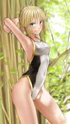 Rule 34 | 1girl, ahoge, arms behind head, arms up, artoria pendragon (fate), artoria pendragon (swimsuit archer) (fate), blonde hair, braid, breasts, competition swimsuit, covered navel, cowboy shot, fate/grand order, fate/stay night, fate (series), green eyes, highres, kilye kairi, looking at viewer, one-piece swimsuit, saber (fate), small breasts, solo, standing, swimsuit, tree