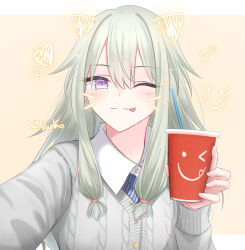 Rule 34 | 1girl, ;p, absurdres, artist name, blush, cardigan, closed mouth, commentary, cup, disposable cup, drawn ears, drawn whiskers, drinking straw, english commentary, green hair, hair between eyes, heart, highres, holding, holding cup, kusanagi nene, kushiro147, long hair, long sleeves, looking at viewer, one eye closed, project sekai, purple eyes, sepia background, shirt, sidelocks, solo, star (symbol), striped clothes, striped shirt, tongue, tongue out, two-tone background, white background