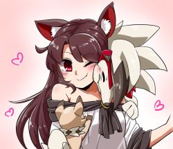 Rule 34 | 1girl, animal ears, bare shoulders, blush, brooch, brown hair, cheek press, closed eyes, creatures (company), crossover, evolutionary line, game freak, gen 7 pokemon, heart, imaizumi kagerou, jewelry, long hair, lycanroc, lycanroc (midnight), nintendo, noel (noel-gunso), one eye closed, pokemon, pokemon (creature), pokemon sm, red eyes, rockruff, sleeve pushed up, sleeves pushed up, smile, touhou, upper body, wolf ears