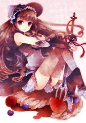 Rule 34 | 1girl, armor, armored boots, bare shoulders, blunt bangs, bonnet, boots, brown hair, closed mouth, detached sleeves, dress, fork, frilled dress, frills, high heel boots, high heels, kuroyuki, long hair, looking at viewer, looking to the side, armored boots, mini person, minigirl, original, own hands together, pink eyes, sitting, solo, thighhighs, very long hair, visor (armor)