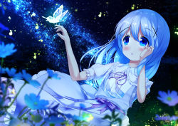 Rule 34 | 1girl, :o, blue dress, blue eyes, blue flower, blue hair, blurry, blurry foreground, blush, bow, bug, butterfly, chinomaron, collared dress, commentary request, depth of field, dress, dress shirt, dutch angle, flower, frilled dress, frilled shirt collar, frills, gochuumon wa usagi desu ka?, hair between eyes, hair ornament, hands up, insect, kafuu chino, long hair, looking away, neck ribbon, night, night sky, outdoors, parted lips, puffy short sleeves, puffy sleeves, purple bow, purple ribbon, ribbon, shirt, short sleeves, signature, sky, solo, star (sky), starry sky, transparent, very long hair, white flower, white shirt, x hair ornament