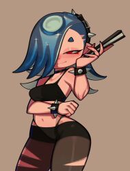 Rule 34 | 1girl, alternate costume, blue hair, bracelet, brown background, choker, fiinelrush, folded fan, folding fan, hair over one eye, hand fan, highres, jewelry, looking at viewer, navel, nintendo, pantyhose, paper fan, red eyes, shiver (splatoon), smile, solo, spiked bracelet, spikes, splatoon (series), splatoon 3, tank top, tentacle hair, thong, torn clothes, torn pantyhose