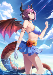 Rule 34 | 1girl, absurdres, bandaged arm, bandages, bikini, blue bikini, blue sky, breasts, c (pixiv3064042), choker, closed mouth, cloud, day, dragon girl, dragon horns, dragon tail, dragon wings, flower, granblue fantasy, grea (shingeki no bahamut), highres, horns, large breasts, looking at viewer, medium breasts, partially submerged, pointy ears, purple hair, red eyes, shingeki no bahamut, short hair, sideboob, sky, solo, standing, sunlight, swimsuit, tail, wading, water, wet, white choker, wings