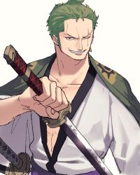 Rule 34 | 1boy, alternate costume, bara, collarbone, earrings, green hair, highres, holding, holding weapon, japanese clothes, jewelry, kimono, looking at viewer, male focus, one eye closed, one piece, pectoral cleavage, pectorals, roronoa zoro, scar, scar across eye, shironegi zzz, short hair, smile, smirk, smug, solo, sword, weapon, white background, white kimono