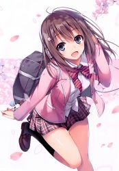 Rule 34 | 1girl, absurdres, bag, black socks, blazer, blue eyes, bow, bowtie, brown footwear, brown hair, buttons, cherry blossoms, hair ornament, hairclip, headphones, highres, jacket, leg up, loafers, long hair, looking at viewer, open mouth, original, outdoors, petals, pleated skirt, scan, school bag, school uniform, shirt, shoes, skirt, smile, socks, solo, tomose shunsaku, white shirt