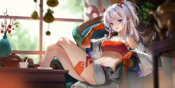 Rule 34 | 1girl, :p, arknights, armchair, bad id, bad pixiv id, bandeau, bare legs, bare shoulders, braid, breasts, chair, cleavage, commentary, crossed legs, cup, curtains, earrings, eyeshadow, grey shorts, half updo, head tilt, highres, horns, indoors, jacket, jewelry, kurasamerukia, long hair, looking at viewer, makeup, medium breasts, midriff, multicolored hair, navel, nian (arknights), off shoulder, open clothes, open jacket, pointy ears, purple eyes, red hair, short shorts, shorts, sidelocks, silver hair, sitting, smile, solo, stomach, strapless, streaked hair, teapot, thighs, tongue, tongue out, tube top, white jacket, window