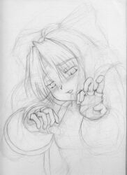 Rule 34 | 1girl, ainu clothes, blush, breasts, fingerless gloves, gloves, hair ribbon, half-closed eyes, highres, long hair, looking at viewer, medium breasts, monochrome, nakoruru, nipples, open clothes, open mouth, ribbon, samurai spirits, sketch, snk, solo, the king of fighters, traditional media
