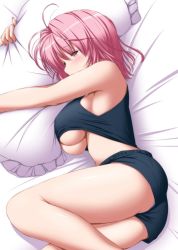 Rule 34 | 1girl, ahoge, alternate costume, ass, bare arms, bare legs, bare shoulders, bed sheet, black shorts, black tank top, blush, breasts, casual, clothes lift, commentary request, frilled pillow, frills, from above, half-closed eye, large breasts, lying, nori tamago, hugging object, on side, panties under shorts, pillow, pillow hug, pink hair, profile, red eyes, saigyouji yuyuko, shirt lift, short shorts, shorts, sketch, sleeveless, solo, tank top, touhou, underboob