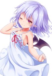 Rule 34 | 1girl, ;), alternate costume, bare arms, bare shoulders, bat wings, blue hair, blush, commentary, cowboy shot, dress, halterneck, hand in own hair, hand up, looking at viewer, no headwear, one eye closed, pointy ears, red eyes, red ribbon, remilia scarlet, ribbon, short hair, simple background, smile, solo, touhou, unory, white background, white dress, wings
