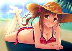 Rule 34 | 10s, 1girl, ass, bad id, bad pixiv id, bare arms, bare legs, barefoot, beach, bikini, blush, bow, breasts, brown eyes, brown hair, cleavage, closed mouth, collarbone, day, eyebrows, frilled bikini, frills, full body, hair bow, hat, hat ribbon, idolmaster, idolmaster cinderella girls, igarashi kyoko, legs up, lens flare, long hair, looking at viewer, lying, medium breasts, on stomach, outdoors, pink bikini, pink bow, pink ribbon, plant, ribbon, shade, side-tie bikini bottom, side ponytail, sky, smile, solo, straw hat, striped ribbon, summer, sun hat, swimsuit, tree shade, umihotaru harumare