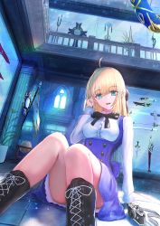 Rule 34 | 1girl, alternate costume, aomaru (shta-chu-jisuiai), arm support, artoria pendragon (all), artoria pendragon (fate), bident, black legwear, blonde hair, blue eyes, boots, breasts, buttons, camera, cross-laced footwear, double-breasted, ea (fate/stay night), excalibur (fate/stay night), fate/grand order, fate (series), globe, hands in hair, highres, indoors, kanshou &amp; bakuya (fate), lace-up boots, medium breasts, medium hair, object request, plant, polearm, potted plant, rulebreaker, saber (fate), saber lily, smile, solo, teeth, thighs, upper teeth only, weapon request, window