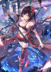 Rule 34 | 1girl, ahoge, arm up, aura, bandages, bare shoulders, belt, belt buckle, black panties, black shorts, black thighhighs, black vest, blue eyes, boots, breasts, buckle, cleavage, closed mouth, cloud, cloudy sky, collarbone, column, eyes visible through hair, from above, fuuro (johnsonwade), hair ribbon, heterochromia, high heel boots, high heels, holding, holding sword, holding weapon, jewelry, knee boots, light particles, long hair, looking at viewer, medium breasts, navel, necklace, off shoulder, open fly, original, outdoors, panties, panty peek, pendant, pillar, pink footwear, red eyes, reflection, ribbon, short shorts, shorts, sky, smile, solo, stomach, sword, thighhighs, tsurime, unbuttoned, underwear, unsheathed, unzipped, very long hair, vest, waist cape, water, waterfall, weapon, white ribbon, zipper