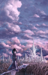 Rule 34 | 1girl, black eyes, black hair, city, cloud, fantasy, field, from behind, grass, holding, looking back, original, outdoors, path, road, sakimori (hououbds), scenery, short hair, skirt, sky, smile, solo, staff, standing, star (sky), twilight