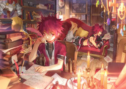 Rule 34 | 2boys, armor, book, bookshelf, candle, chair, couch, cross, cup, elsword, elsword (character), gem, highres, letter, lord knight (elsword), map, multiple boys, music box, paper, quill, red eyes, red hair, rune slayer (elsword), runes, scorpion5050, shoulder armor, tattoo, tea, teacup