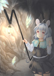 Rule 34 | 1girl, :o, absurdres, ahoge, animal ears, blush, capelet, cave, commentary request, crystal, hands up, highres, holding, holding paper, kaigara (valibow), light, long sleeves, medium hair, mouse ears, mouse girl, mouse tail, nazrin, open mouth, paper, red eyes, silver hair, solo, stalactite, tail, touhou