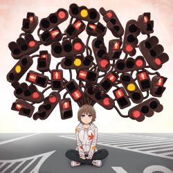 Rule 34 | 1girl, autumn leaves, brown hair, commentary, highres, hood, hoodie, indian style, original, pink eyes, short hair, sitting, solo, symbolism, traffic light, yajirushi (chanoma)