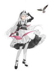 Rule 34 | 1girl, absurdres, apron, arknights, arm up, belt, bird, black dress, black footwear, black gloves, closed mouth, dress, duohelengshuiba, earrings, elbow gloves, expressionless, full body, gloves, grey eyes, grey hair, highres, irene (arknights), irene (voyage of feathers) (arknights), jewelry, long hair, long sleeves, looking afar, looking away, maid, maid headdress, official alternate costume, pantyhose, ponytail, solo, standing, very long hair, white apron, white pantyhose
