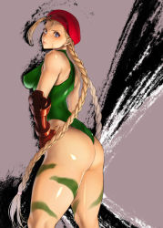 Rule 34 | 1girl, ass, bad id, bad pixiv id, bare shoulders, beret, blonde hair, blue eyes, braid, cammy white, capcom, covered erect nipples, fingerless gloves, gloves, hand on own hip, hat, hip focus, kazakami yuu, legs, leotard, looking back, solo, street fighter, thighs, thong leotard, twin braids