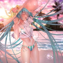 Rule 34 | 1girl, absurdres, aqua hair, beach, bikini, bubble, closed eyes, commentary, flower, hat, hat flower, hatsune miku, highres, huge filesize, long hair, see-through, shirt, smile, solo, striped bikini, striped clothes, swimsuit, tied shirt, twintails, vitaminechan, vocaloid