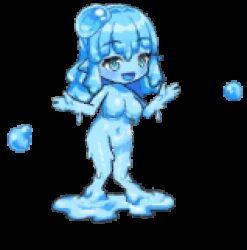 Rule 34 | 1girl, :d, animated, animated gif, aqua eyes, artist request, bad source, blinking, blue hair, blue skin, blush, bouncing breasts, breasts, chibi, colored skin, completely nude, floating liquid, full body, hands up, idle animation, large breasts, lime (mon-musu quest!), long hair, lowres, mon-musu quest!, monster girl, monster musume td, navel, no nipples, no pussy, nude, official art, open mouth, outstretched arms, pointy ears, simple background, slime (substance), slime girl, smile, solo, spread arms, standing, third-party source, transparent background