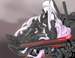 Rule 34 | 10s, 1girl, abyssal ship, aircraft carrier oni, armor, armored boots, armpit peek, bare shoulders, black dress, black gloves, boots, breasts, closed mouth, colored skin, dress, elbow gloves, from side, full body, gauntlets, gloves, head rest, kantai collection, large breasts, long hair, looking away, machinery, mamiyama, one side up, pink eyes, profile, red eyes, sailor dress, short dress, sitting, sleeveless, solo, thigh boots, thighhighs, turret, very long hair, white hair, white skin