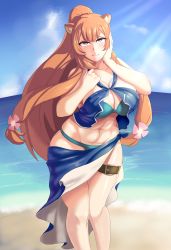 Rule 34 | 1girl, absurdres, animal ears, beach, breasts, brown hair, cleavage, closed mouth, highres, large breasts, linkxs, long hair, muscular, muscular female, purple eyes, raccoon ears, raccoon girl, raphtalia, smile, solo, standing, swimsuit, tagme, tate no yuusha no nariagari