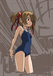 Rule 34 | 10s, 1girl, bare shoulders, blue one-piece swimsuit, blue school swimsuit, breasts, brown hair, collarbone, competition school swimsuit, competition swimsuit, cowboy shot, cropped legs, female focus, from side, hair ribbon, one-piece swimsuit, red eyes, ribbon, rohitsuka, school swimsuit, school uniform, silica, sketch, small breasts, smile, solo, standing, swimsuit, sword art online, twintails, wet