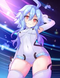 Rule 34 | 1girl, arm behind head, armpits, blue hair, bodysuit, breasts, covered navel, from below, highres, legs, looking at viewer, neptune (series), red eyes, small breasts, smile, solo, thick thighs, thighs, white heart (neptunia)