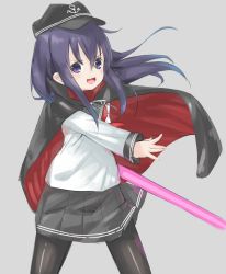 Rule 34 | &gt;:d, 10s, 1girl, :d, akatsuki (kancolle), anchor symbol, aruma (sawayaka tokuko miruku), black cape, black hat, black pantyhose, black skirt, blush, cape, commentary request, energy sword, flat cap, grey background, hair between eyes, hat, holding, holding weapon, kantai collection, lightsaber, long hair, long sleeves, looking at viewer, neckerchief, open mouth, outstretched arm, pantyhose, pleated skirt, purple eyes, purple hair, red neckerchief, school uniform, serafuku, shirt, simple background, skirt, smile, solo, standing, sword, tareme, v-shaped eyebrows, weapon, white shirt