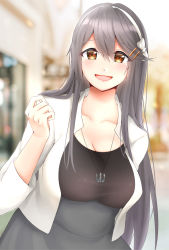 Rule 34 | 1girl, :d, absurdres, anchor necklace, black hair, black shirt, breasts, brown eyes, cleavage, grey skirt, hair ornament, hairband, hairclip, haruna (kancolle), highres, jacket, jewelry, kantai collection, large breasts, long hair, looking at viewer, mibo91c, necklace, open mouth, plump, shirt, skirt, smile, solo, upper body, white hairband, white jacket