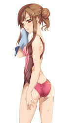 Rule 34 | 1girl, ass, blush, breasts, brown eyes, brown hair, butt crack, competition swimsuit, cowboy shot, from behind, gokubuto mayuge, hair bun, hand up, holding, idolmaster, idolmaster cinderella girls, long hair, looking back, mizumoto yukari, one-piece swimsuit, parted lips, side bun, sidelocks, simple background, single side bun, small breasts, solo, swimsuit, thighs, towel, wet, white background