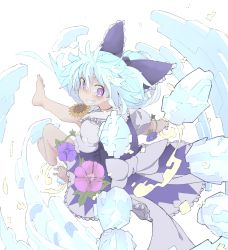 Rule 34 | 1girl, absurdres, alternate eye color, back bow, barefoot, blue bow, blue dress, blue hair, bow, cirno, detached wings, dress, flower, frilled bow, frilled dress, frills, from behind, full body, guwinomi, hair between eyes, hair bow, highres, ice, ice wings, large bow, leaf, looking at viewer, looking back, medium hair, open mouth, pinafore dress, pink flower, puffy short sleeves, puffy sleeves, purple eyes, purple flower, shirt, short sleeves, sleeveless dress, solo, sunflower, tanned cirno, teeth, touhou, white bow, white shirt, wings, yellow flower
