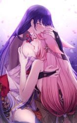 2girls animal_ears blush breasts commentary english_commentary fox_ears genshin_impact hair_down hand_on_another&#039;s_head highres japanese_clothes kimono large_breasts licking licking_breast long_hair mole mole_under_eye multiple_girls pink_hair purple_eyes purple_hair purple_kimono raiden_shogun sieka_(piiroinardesco) vision_(genshin_impact) yae_miko yuri