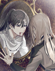 Rule 34 | 2boys, absurdres, black clover, black eyes, black hair, blood, blood from mouth, brothers, gen me, grey hair, hair between eyes, high ponytail, highres, jacket, long hair, looking at another, looking at mirror, male focus, mirror, mirror image, morgen faust, multiple boys, nacht faust, pixiv username, siblings, twitter username, white jacket