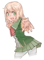 Rule 34 | 10s, 1girl, az toride, blonde hair, blush, bow, cowboy shot, eyelashes, foreshortening, fur-trimmed sleeves, fur trim, green eyes, kantai collection, looking at viewer, outstretched hand, pantyhose, red bow, shimushu (kancolle), short hair, simple background, skirt, smile, solo, upper body, white background, white pantyhose