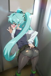 Rule 34 | 1girl, against wall, aqua eyes, aqua hair, ass, bad id, bad pixiv id, bent over, black skirt, blush, butt crack, clothes lift, elbow gloves, from behind, glasses, gloves, hatsune miku, hatsune miku (shinkalion), highres, lifting own clothes, long hair, looking at viewer, looking back, ontaros, open mouth, panties, panties under pantyhose, pantyhose, presenting, shinkalion (series), shinkansen henkei robo shinkalion, shiny clothes, shiny skin, skirt, skirt lift, smile, solo, striped clothes, striped panties, train interior, twintails, underwear, very long hair, vocaloid