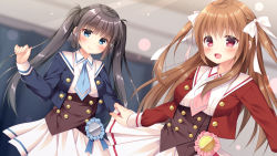 Rule 34 | 2girls, :d, blue eyes, blue jacket, blue neckwear, blurry, blurry background, blush, bow, brown hair, closed mouth, collared shirt, commentary request, depth of field, fingernails, fujikura ryuune, hair between eyes, hair bow, indoors, jacket, long hair, long sleeves, multiple girls, open mouth, original, pink neckwear, pleated skirt, red eyes, red jacket, shirt, skirt, skirt hold, smile, twintails, two side up, underbust, very long hair, white bow, white shirt, white skirt