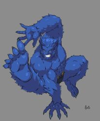 Rule 34 | 1boy, abs, absurdres, bara, beast (x-men), blue fur, blue hair, blue skin, body fur, cody conyers (stellaravenger), colored skin, feet, fingernails, flexible, foreshortening, grin, hand on floor, highres, large hands, large pectorals, male focus, marvel, mature male, monster boy, muscular, muscular male, mutton chops, nipples, open hands, outstretched leg, pectorals, sharp fingernails, sharp toenails, short hair, smile, soles, solo, toenails, tusks, x-men, x-men: the animated series