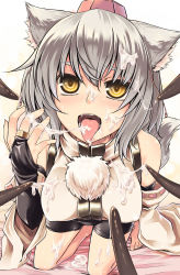 Rule 34 | 1girl, aaru (tenrake chaya), animal ears, bare shoulders, barefoot, bike shorts, bridal gauntlets, chocolate, detached sleeves, female focus, foreshortening, hat, highres, inubashiri momiji, kneeling, open mouth, sexually suggestive, short hair, silver hair, solo, suggestive fluid, symbol-shaped pupils, tail, tokin hat, tongue, tongue out, touhou, white chocolate, wolf ears, yellow eyes
