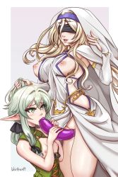Rule 34 | 2girls, :d, absurdres, bare arms, bare shoulders, black bow, blindfold, blonde hair, blush, bow, breasts, bridal gauntlets, dildo, double dildo, dress, elf, fellatio, goblin slayer!, grabbing another&#039;s hair, hair bow, hair intakes, hand up, high elf archer (goblin slayer!), highres, holding another&#039;s hair, jewelry, large breasts, lips, long hair, multiple girls, necklace, nipples, open mouth, oral, pointy ears, pussy, pussy juice, saliva, sex toy, simulated fellatio, small breasts, smile, sword maiden, velvet queen h, white dress, yuri