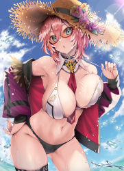 Rule 34 | 1girl, :o, armpits, bare shoulders, between breasts, bikini, black bikini, black choker, blue eyes, breasts, brown hat, choker, cleavage, cloud, contrapposto, cowboy shot, day, detached collar, flower, fur trim, glasses, gluteal fold, halterneck, hand on own hip, hat, hat flower, highres, hololive, jacket, kubota masaki, large breasts, light rays, long sleeves, looking at viewer, mismatched bikini, multicolored hair, navel, necktie, necktie between breasts, off shoulder, open clothes, open jacket, outdoors, parted lips, pink hair, puffy long sleeves, puffy sleeves, purple jacket, red-framed eyewear, red jacket, semi-rimless eyewear, short hair, skindentation, sky, solo, standing, stomach, strap pull, straw hat, streaked hair, string bikini, sunbeam, sunlight, swimsuit, takane lui, thigh strap, thighs, under-rim eyewear, virtual youtuber, wet, white bikini