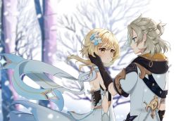 Rule 34 | 1boy, 1girl, absurdres, albedo (genshin impact), anientte, blonde hair, blue eyes, braid, dress, flower, genshin impact, gloves, hair flower, hair ornament, half-closed eyes, hand on another&#039;s face, highres, looking at another, lumine (genshin impact), parted lips, scarf, short sleeves, snow, tree, yellow eyes