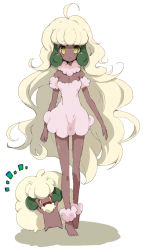 Rule 34 | 1girl, ahoge, barefoot, blonde hair, blush, breasts, cleavage, collar, commentary request, creature and personification, creatures (company), dark-skinned female, dark skin, dress, full body, fur collar, game freak, gen 5 pokemon, long hair, looking at viewer, nakamura sandayo, nintendo, parted lips, personification, pink collar, pink dress, pokemon, pokemon (creature), standing, toes, whimsicott, yellow eyes