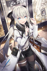 Rule 34 | 1girl, black bow, blue eyes, bow, braid, breasts, contemporary, fate/grand order, fate (series), french braid, gabiran, grey hair, hair bow, highres, large breasts, long hair, looking at viewer, morgan le fay (fate), open mouth, ponytail, short shorts, shorts, sidelocks, smile, solo, thigh strap, thighs, very long hair