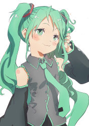 Rule 34 | 1girl, :3, bare shoulders, black skirt, black sleeves, bob (biyonbiyon), commentary, detached sleeves, green eyes, green hair, green nails, green necktie, grey shirt, hair ornament, hand in own hair, hand up, hatsune miku, highres, long hair, nail polish, necktie, shirt, skirt, sleeveless, sleeveless shirt, smile, solo, twintails, upper body, very long hair, vocaloid, white background