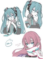 Rule 34 | 2girls, :d, :t, anger vein, averting eyes, bare shoulders, black sleeves, blue eyes, blue hair, blue necktie, collared shirt, cropped torso, crossed arms, detached sleeves, frilled shirt, frills, grey shirt, grin, hair between eyes, hatsune miku, headset, high collar, highres, long hair, long sleeves, looking at viewer, looking to the side, magical mirai (vocaloid), magical mirai luka, magical mirai luka (2023), megurine luka, microphone, multiple girls, multiple views, naguno-0713, nail polish, necktie, open mouth, pink hair, pink nails, pout, shirt, sidelocks, simple background, sleeveless, sleeveless shirt, smile, straight hair, teeth, tie clip, twintails, very long hair, vocaloid, watermark, white background